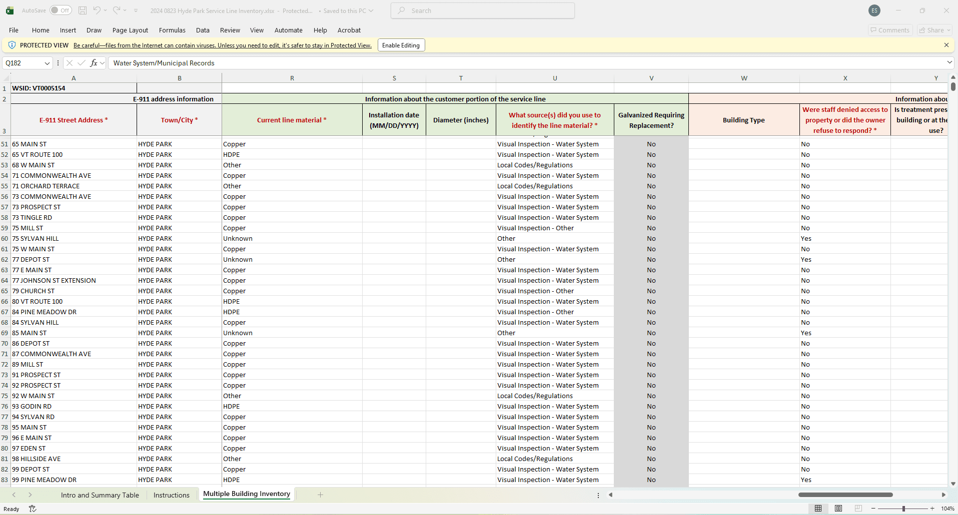 Single water system spreadsheet excerpt