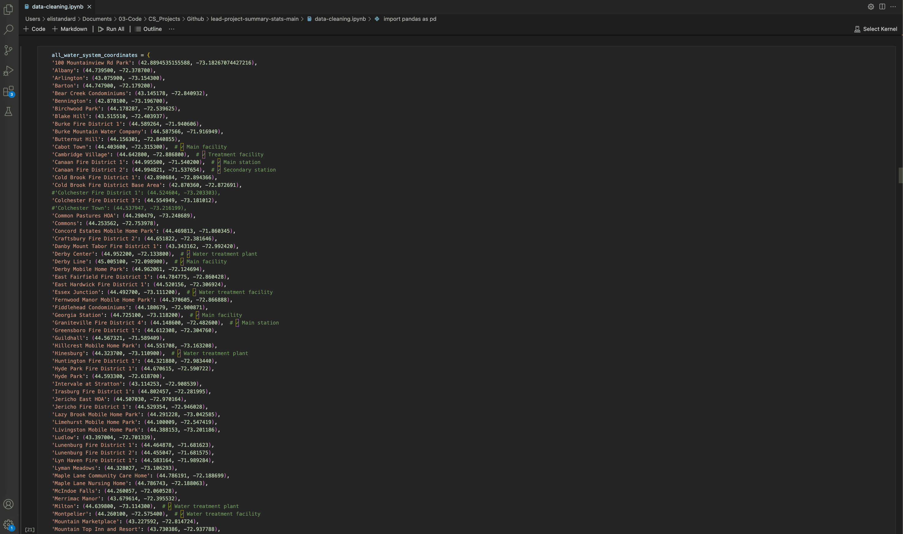 Water system coordinates in Python