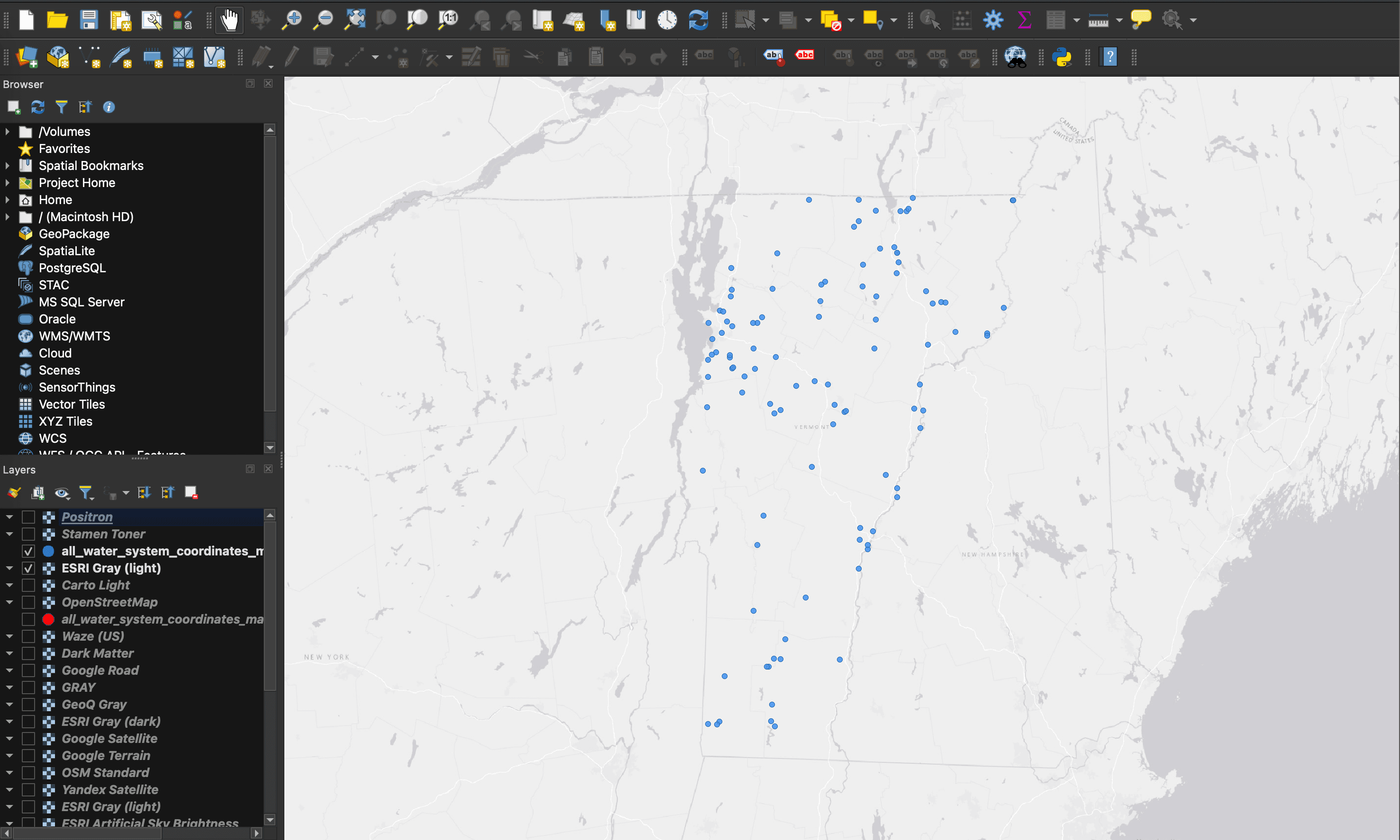 Coordinates plotted in QGIS