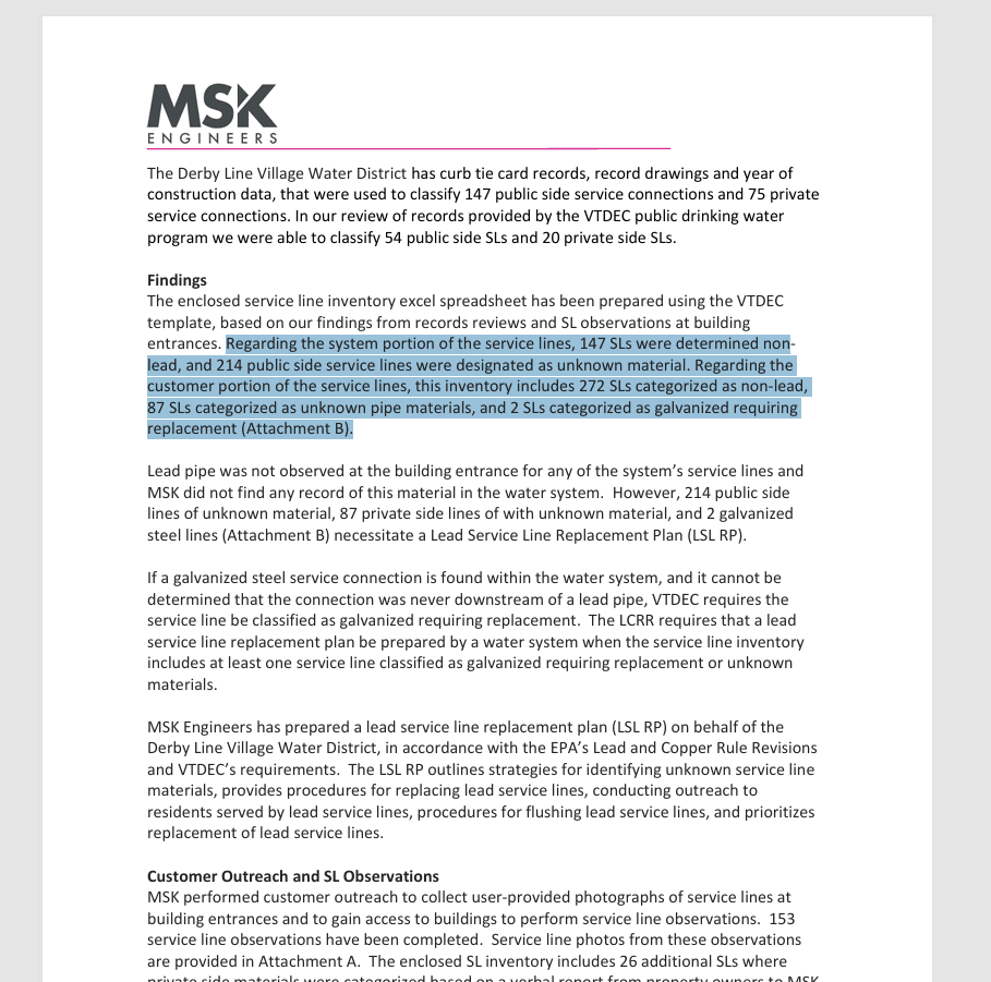 Water service line report with text-only summaries